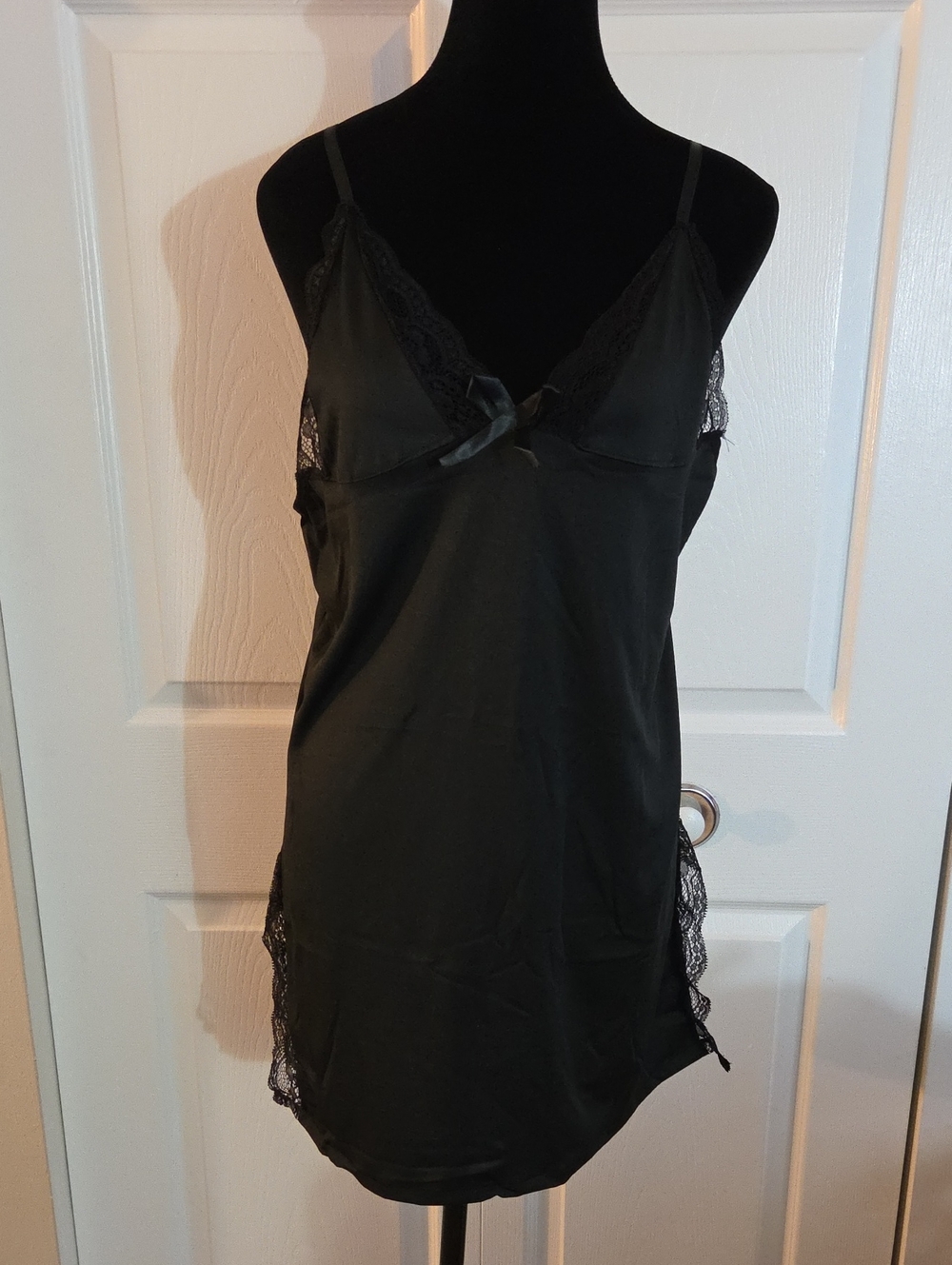 Mijoho Black Lace-Trim Chemise Slip Dress & Thong Set